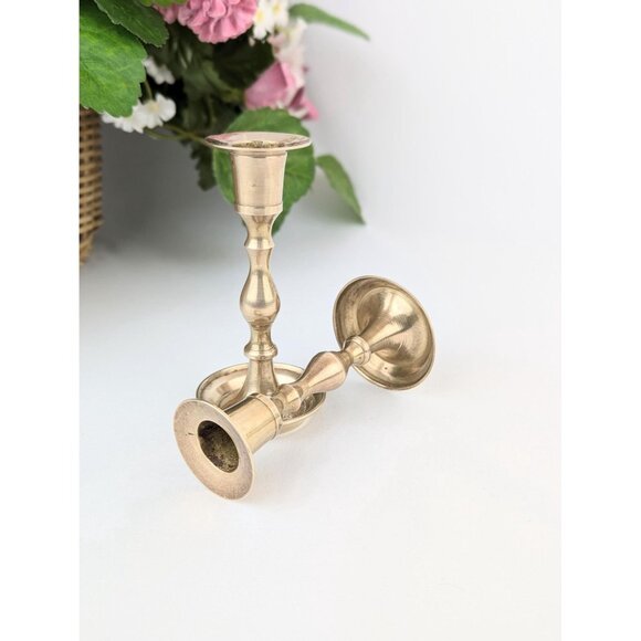 Pair of Vintage Slim Brass Candlestick Holders 4" Brass Candle Holders Set 1970s - Picture 7 of 9
